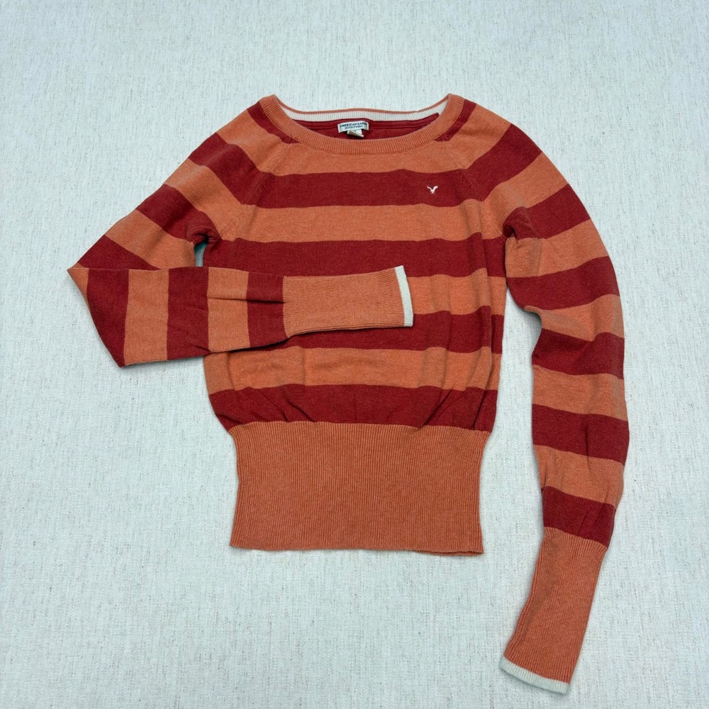 American Eagle Striped Sweater Orange Red Cotton Wool Blend Small Y2K Nice!